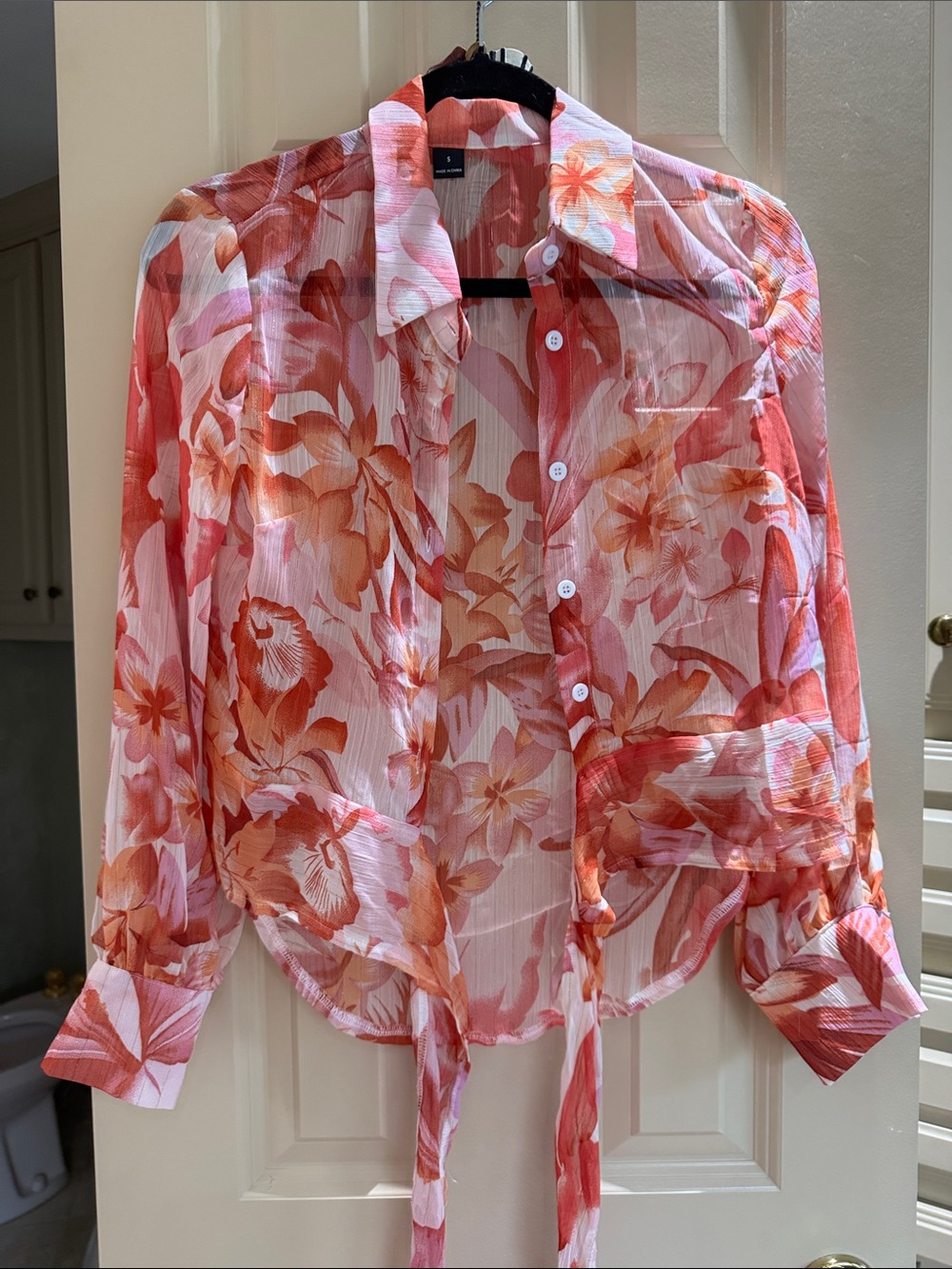 SHEIN Coral Pink Floral Sheer Tie-Front Blouse size $10